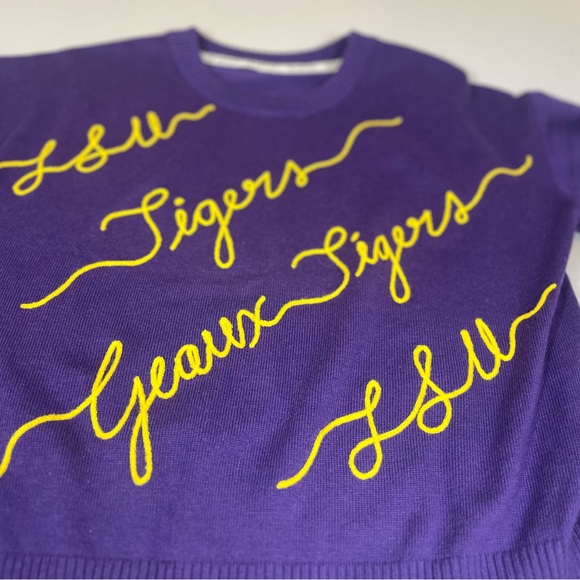 KadyLuxe Women's Purple LSU Tigers Love Note Embroidered Sweater- Small - Picture 7 of 9